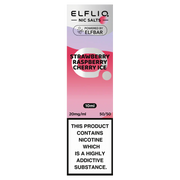 A bottle of ELFBAR ElfLiq Nic Salts e-liquid in Strawberry Raspberry Cherry Ice flavor, 10ml size, with nicotine strength indicators.