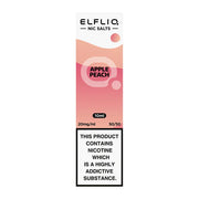 A product image showing a 10ml bottle of Elf Bar ElfLiq Apple Peach Nic Salt Vape Juice with a label indicating the flavor and nicotine content.