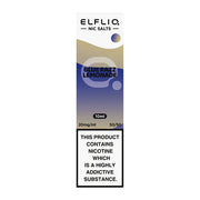 A bottle of Elf Bar ElfLiq Blue Razz Lemonade Nic Salt Vape Juice with a label showing the product name and flavor, along with the nicotine strength of 20mg and a 50/50 VG/PG ratio.