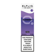A bottle of Elf Bar ElfLiq Blueberry Nic Salt Vape Juice, 10ml size, with a label indicating the flavor and nicotine content.