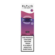 A bottle of Elf Bar ELFLIQ Nic Salt E-Liquid with branding and flavor information, indicating Blueberry Sour Raspberry, 10ml volume, and 20mg nicotine strength.