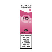 A bottle of Elf Bar ElfLiq Cherry Cola Nic Salt Vape Juice, 10ml with a pink label.