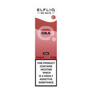 A bottle of Elf Bar ElfLiq Cola Nic Salt Vape Juice, 10ml with a concentration of 20mg nicotine, in a red and white packaging.