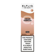 10ml Elf Bar ElfLiq Nic Salt E-Liquids featuring Cream Tobacco and Snow Tobacco flavors; Cream Tobacco offers a smooth blend of rich tobacco and creamy undertones, while Snow Tobacco delivers a bold tobacco taste with a refreshing menthol finish; both ideal for refillable pod systems with 10mg or 20mg nicotine salt options.