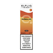 10ml bottle of Elf Bar ElfLiq Nic Salt E-Liquid in Elfbull Ice flavor, inspired by energy drink with a cool menthol twist; smooth nic salt formula designed for use in low-wattage pod devices