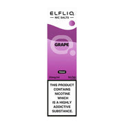 A bottle of Elf Bar ElfLiq Grape Nic Salt Vape Juice, 10ml with a concentration of 20mg nicotine. The liquid is intended for use with pod systems and low-wattage devices.