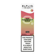 A bottle of Elf Bar ElfLiq Kiwi Passion Fruit Guava Nic Salt vape juice with a label showing the product name and flavors, with a background in pink and green tones.
