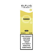 A bottle of Elf Bar ElfLiq Mango Nic Salt Vape Juice with a yellow label, indicating 10ml volume and 20mg nicotine strength. The label also mentions 'Nicotine is highly addictive'.