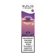 A bottle of Elf Bar ElfLiq Nic Salt E-Liquid with Pink Grapefruit flavor. The label shows the brand name, flavor, and nicotine strength options.