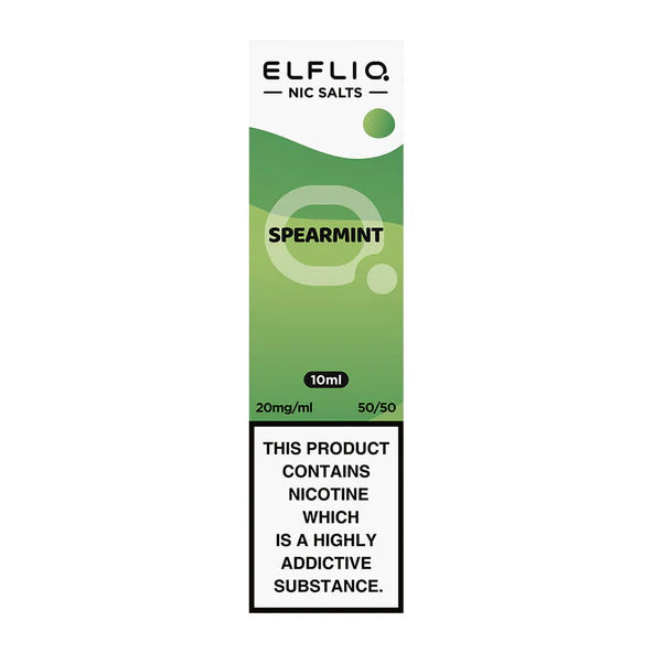 A bottle of Elf Bar ElfLiq Spearmint Nic Salt Vape Juice, 10ml with a label indicating 20mg nicotine strength and a warning about nicotine content.