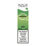 Load image into Gallery viewer, A bottle of Elf Bar ElfLiq Spearmint Nic Salt Vape Juice, 10ml with a label indicating 20mg nicotine strength and a warning about nicotine content.
