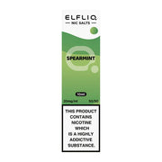 A bottle of Elf Bar ElfLiq Spearmint Nic Salt Vape Juice, 10ml with a label indicating 20mg nicotine strength and a warning about nicotine content.