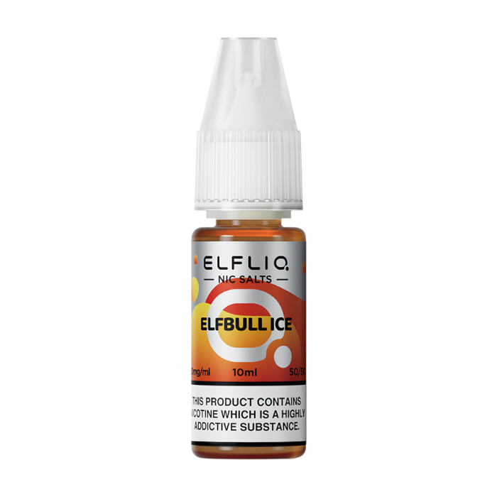 Pack of ten 10ml bottles of Elf Bar Nic Salt E-Liquid in Elfbull Ice flavor, smooth nic salt formulation for a satisfying throat hit, ideal for refillable pod kits, available in 10mg and 20mg strengths.