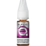 A bottle of Elf Bar ElfLiq Grape Nic Salt Vape Juice, 10ml with a concentration of 20mg nicotine. The liquid is intended for use with pod systems and low-wattage devices.