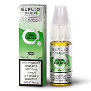 A bottle of ELFBAR ElfLiq Nic Salts - Pina Colada e-liquid, 10ml size, with labeling indicating the product contains nicotine, which is highly addictive.