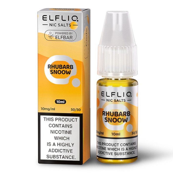 A product image displaying the packaging of ELFBAR ElfLiq Nic Salts, with the flavor 'Rhubarb Snoow' indicated on the label. The packaging is primarily orange with text stating the product contains nicotine.