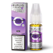 A bottle of ELFBAR ElfLiq Nic Salts e-liquid in Blackcurrant Aniseed flavor, with a label indicating 10ml volume, 20mg nicotine strength, and other product details.