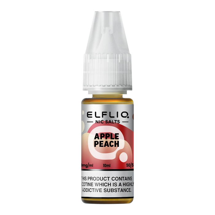 Pack of ten 10ml bottles of Elf Bar Nic Salt E-Liquid in Apple Peach flavor, smooth nic salt formulation for a satisfying throat hit, ideal for refillable pod kits, available in 10mg and 20mg strengths.
