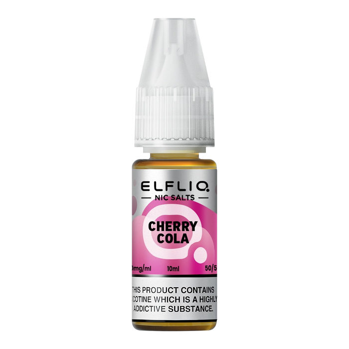 Pack of ten 10ml bottles of Elf Bar Nic Salt E-Liquid in Cherry Cola flavor, smooth nic salt formulation for a satisfying throat hit, ideal for refillable pod kits, available in 10mg and 20mg strengths.