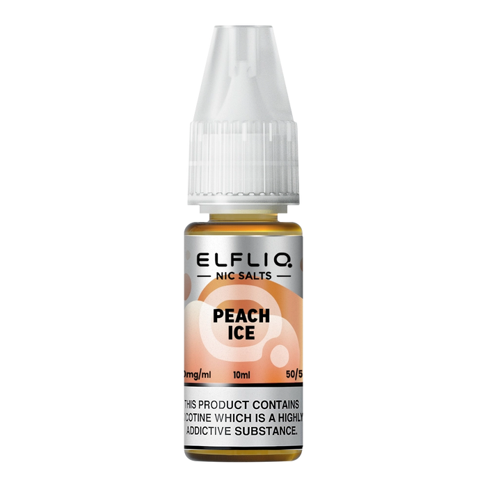 Pack of ten 10ml bottles of Elf Bar Nic Salt E-Liquid in Peach Ice flavor, smooth nic salt formulation for a satisfying throat hit, ideal for refillable pod kits, available in 10mg and 20mg strengths.