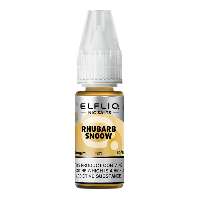 Pack of ten 10ml bottles of Elf Bar Nic Salt E-Liquid in Rhubarb Snoow flavor, smooth nic salt formulation for a satisfying throat hit, ideal for refillable pod kits, available in 10mg and 20mg strengths.