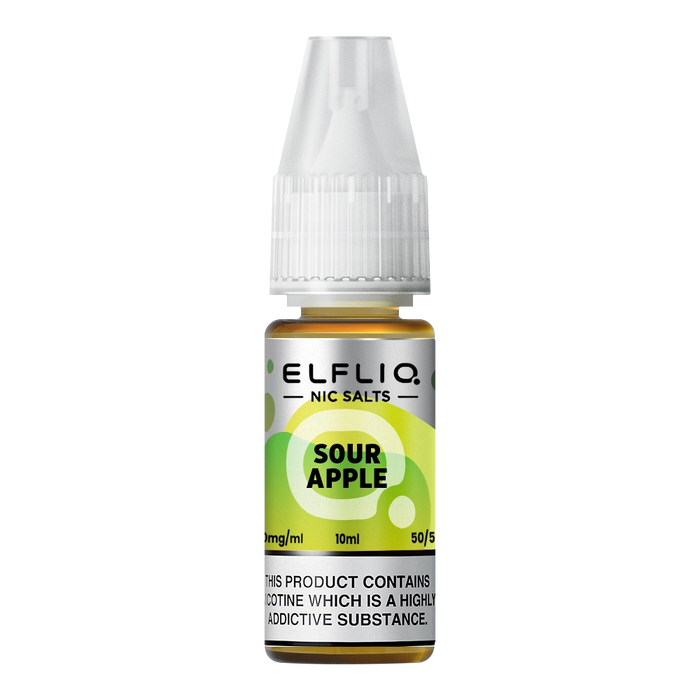 Pack of ten 10ml bottles of Elf Bar Nic Salt E-Liquid in Sour Apple flavor, smooth nic salt formulation for a satisfying throat hit, ideal for refillable pod kits, available in 10mg and 20mg strengths.