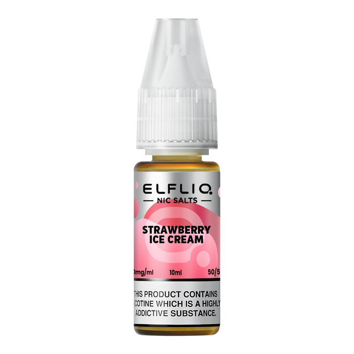 Pack of ten 10ml bottles of Elf Bar Nic Salt E-Liquid in Strawberry Ice Cream flavor, smooth nic salt formulation for a satisfying throat hit, ideal for refillable pod kits, available in 10mg and 20mg strengths.