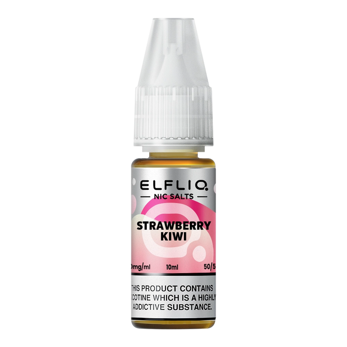Pack of ten 10ml bottles of Elf Bar Nic Salt E-Liquid in Strawberry Kiwi flavor, smooth nic salt formulation for a satisfying throat hit, ideal for refillable pod kits, available in 10mg and 20mg strengths.