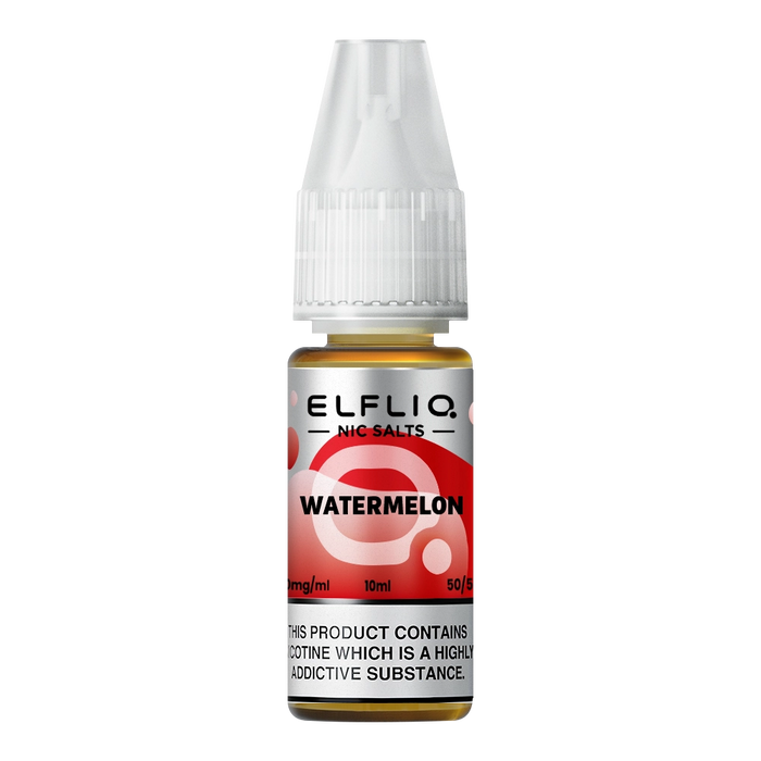 Pack of ten 10ml bottles of Elf Bar Nic Salt E-Liquid in Watermelon flavor, smooth nic salt formulation for a satisfying throat hit, ideal for refillable pod kits, available in 10mg and 20mg strengths.
