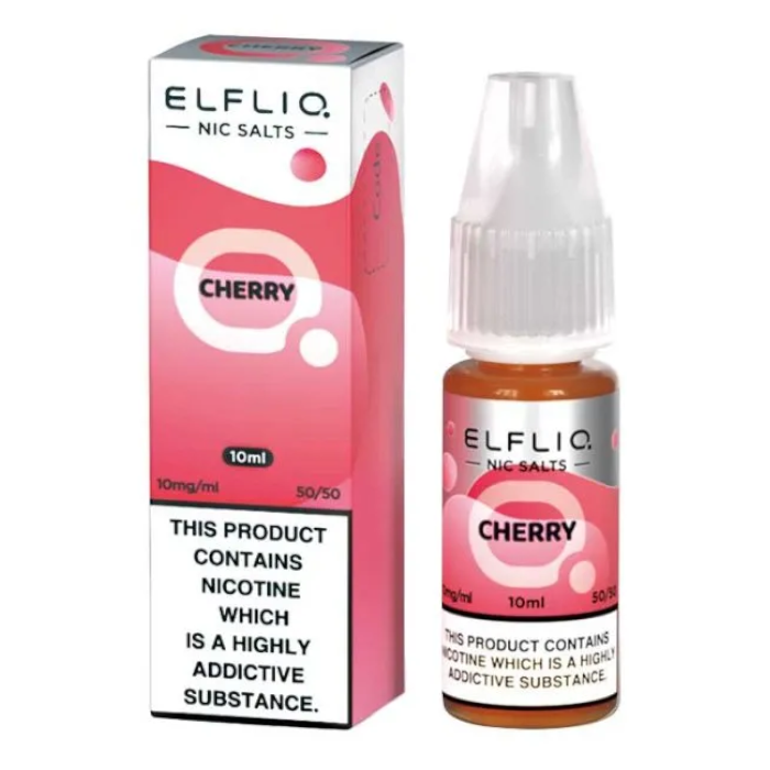 A bottle of Elf Bar ElfLiq Cherry Nic Salt Vape Juice, 10ml with a nicotine strength of 20mg/ml, indicated for use with pod systems and low-wattage devices.