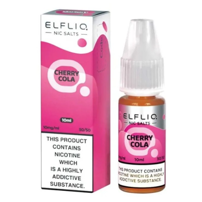 A bottle of Elf Bar ElfLiq Cherry Cola Nic Salt Vape Juice, 10ml with a pink label.