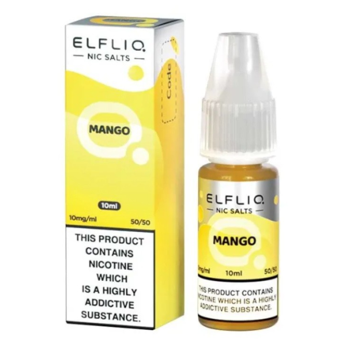 A bottle of Elf Bar ElfLiq Mango Nic Salt Vape Juice with a yellow label, indicating 10ml volume and 20mg nicotine strength. The label also mentions 'Nicotine is highly addictive'.