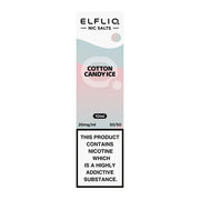 A bottle of Elf Bar ElfLiq Cotton Candy Ice Nic Salt Vape Juice, 10ml, with a label showing the flavor and nicotine strength.