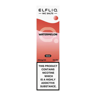 A bottle of Elf Bar ElfLiq Watermelon Nic Salt Vape Juice in a red and white label, indicating 10ml volume and nicotine content.