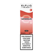 A bottle of Elf Bar ElfLiq Watermelon Nic Salt Vape Juice in a red and white label, indicating 10ml volume and nicotine content.