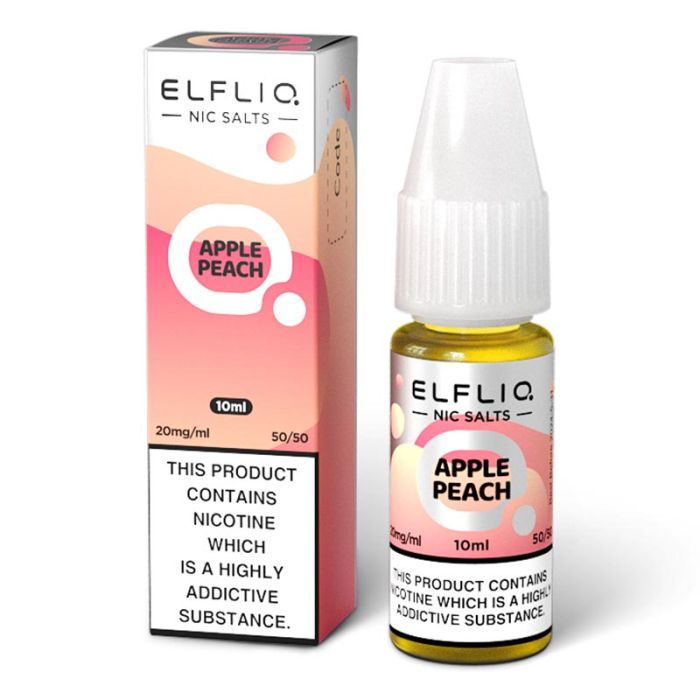 A product image showing a 10ml bottle of Elf Bar ElfLiq Apple Peach Nic Salt Vape Juice with a label indicating the flavor and nicotine content.