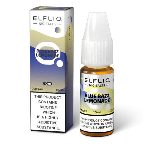 A bottle of Elf Bar ElfLiq Blue Razz Lemonade Nic Salt Vape Juice with a label showing the product name and flavor, along with the nicotine strength of 20mg and a 50/50 VG/PG ratio.