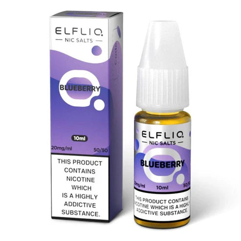 A bottle of Elf Bar ElfLiq Blueberry Nic Salt Vape Juice, 10ml size, with a label indicating the flavor and nicotine content.