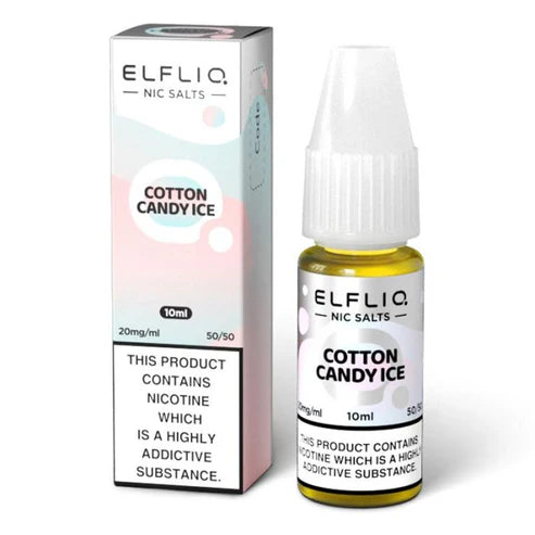 A bottle of Elf Bar ElfLiq Cotton Candy Ice Nic Salt Vape Juice, 10ml, with a label showing the flavor and nicotine strength.