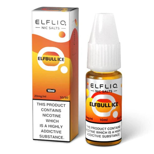 10ml bottle of Elf Bar ElfLiq Nic Salt E-Liquid in Elfbull Ice flavor, inspired by energy drink with a cool menthol twist; smooth nic salt formula designed for use in low-wattage pod devices