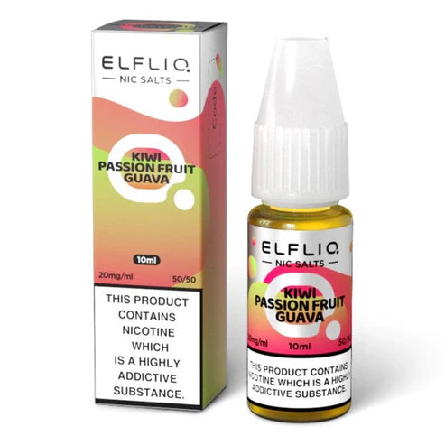 A bottle of Elf Bar ElfLiq Kiwi Passion Fruit Guava Nic Salt vape juice with a label showing the product name and flavors, with a background in pink and green tones.