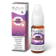 A product image showing a box and a bottle of ELFBAR ELFLIQ Nic Salt E-Liquid in Pink Grapefruit flavor. The packaging is predominantly purple and white with text and branding.