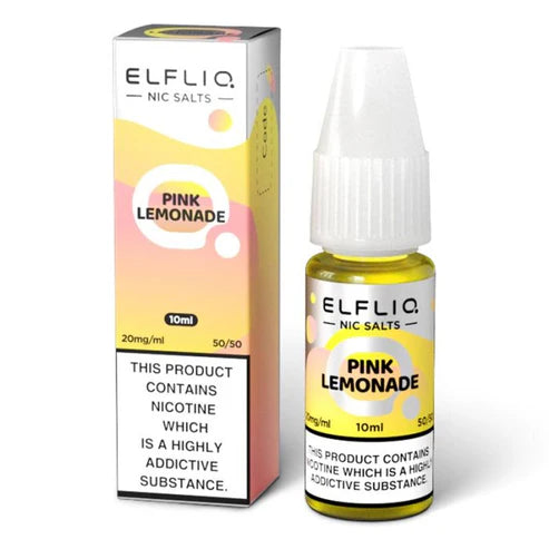 10ml bottle of Elf Bar ElfLiq Nic Salt E-Liquid in Pink Lemonade flavor, delivering a zesty mix of citrus and sweet berry notes; formulated for smooth nicotine delivery, ideal for use in refillable pod kits.