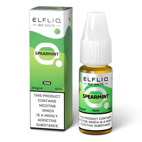 A bottle of Elf Bar ElfLiq Spearmint Nic Salt Vape Juice, 10ml with a label indicating 20mg nicotine strength and a warning about nicotine content.