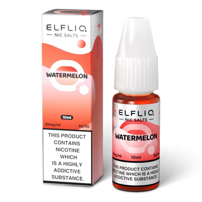 A bottle of Elf Bar ElfLiq Watermelon Nic Salt Vape Juice in a red and white label, indicating 10ml volume and nicotine content.