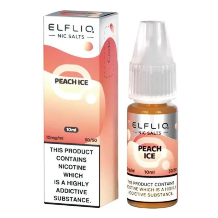 A bottle of ELFBAR ElfLiq Nic Salts e-liquid in Peach Ice flavor, containing 10ml of liquid with a nicotine content warning label.