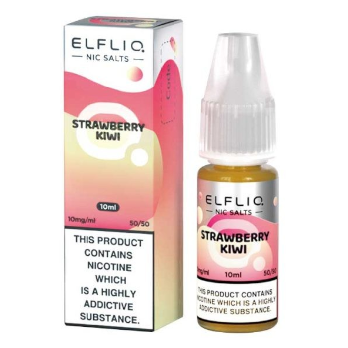 A product packaging for Elf Bar ElfLiq Strawberry Kiwi Nic Salt Vape Juice, featuring a pink and white color scheme with product information and branding.