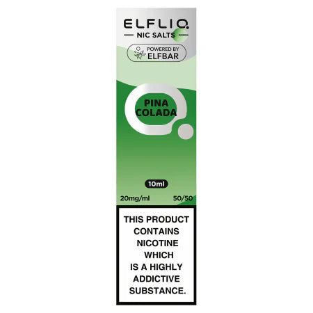 A bottle of ELFBAR ElfLiq Nic Salts - Pina Colada e-liquid, 10ml size, with labeling indicating the product contains nicotine, which is highly addictive.