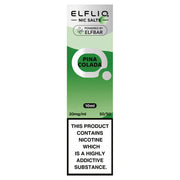 A bottle of ELFBAR ElfLiq Nic Salts - Pina Colada e-liquid, 10ml size, with labeling indicating the product contains nicotine, which is highly addictive.