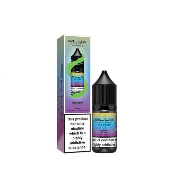 A bottle of Elux Legend Nic Salt E-Liquid with a colorful label, alongside its packaging box which indicates the product contains nicotine.